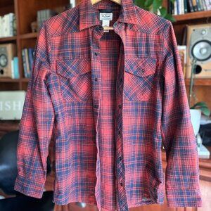 LL Bean Snap-Front Flannel Shirt – Red/Navy Plaid (Size Small)